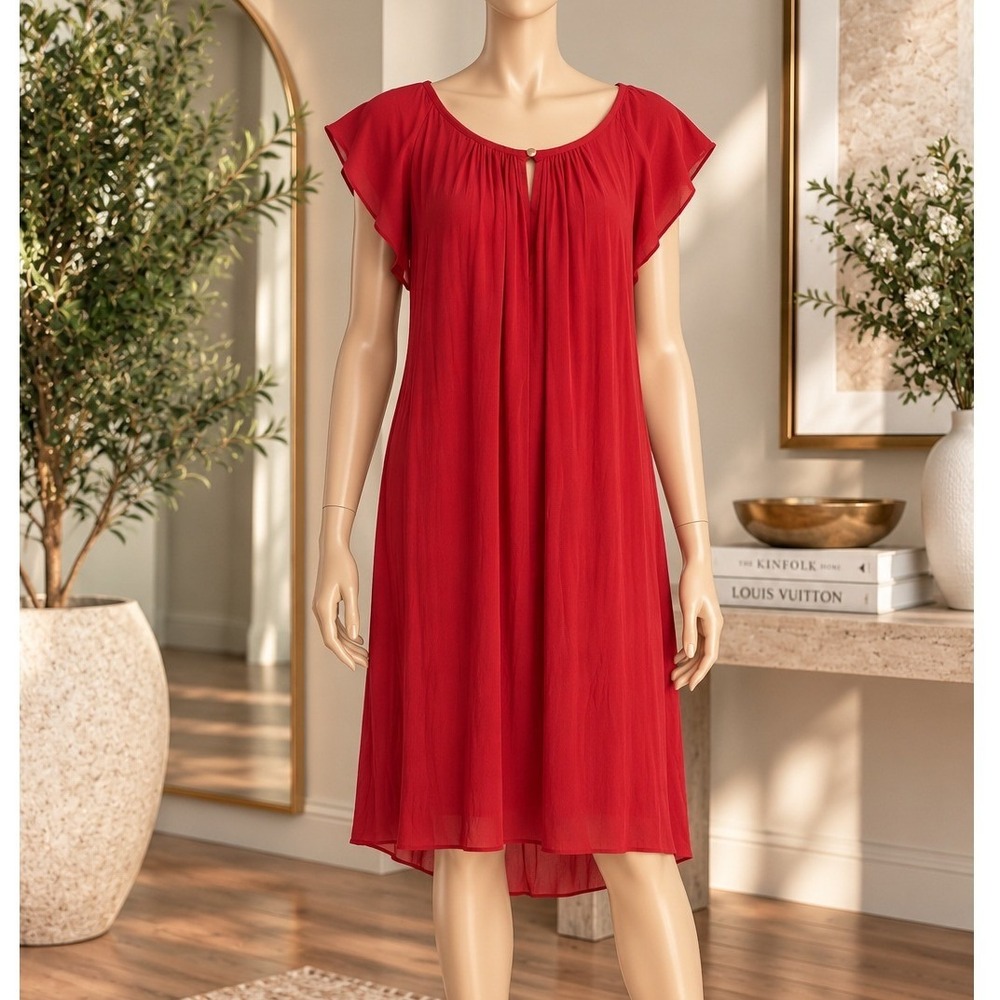 Vince Camuto Womens Red Flutter Sleeve Belted Shift Dress Size Large